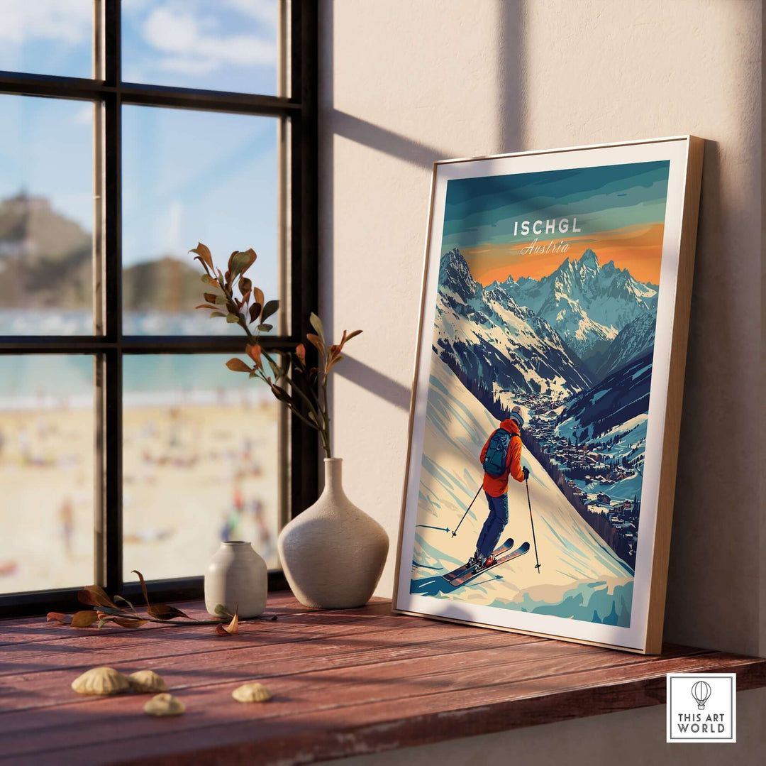 Ski Print Ischgl Austria displayed in a cozy interior setting, highlighting vibrant mountain scenery and ski culture.