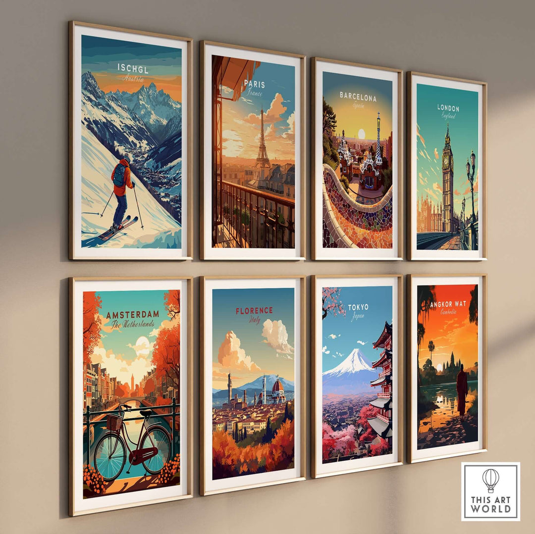 A collection of vibrant travel prints featuring destinations like Ischgl, Paris, and Tokyo, ideal for home decor enthusiasts.