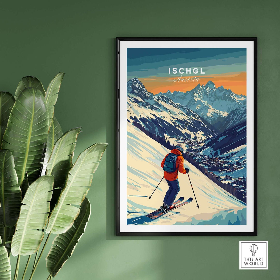 Vibrant ski print of Ischgl, Austria, featuring a skier on snowy slopes with mountains in the background, perfect for home decor.