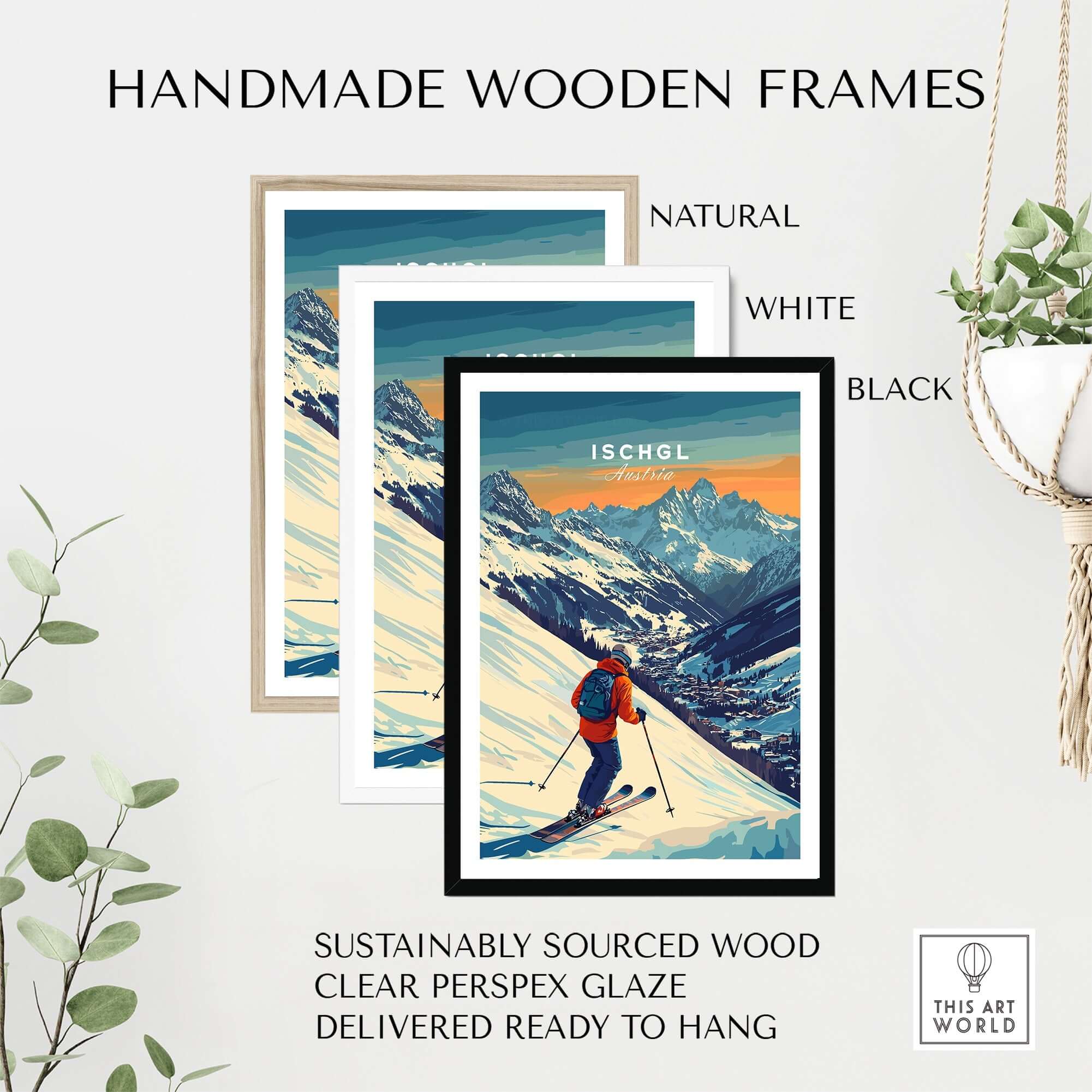 Handmade wooden frames in natural, white, and black for ski prints, sustainably sourced and ready to hang.