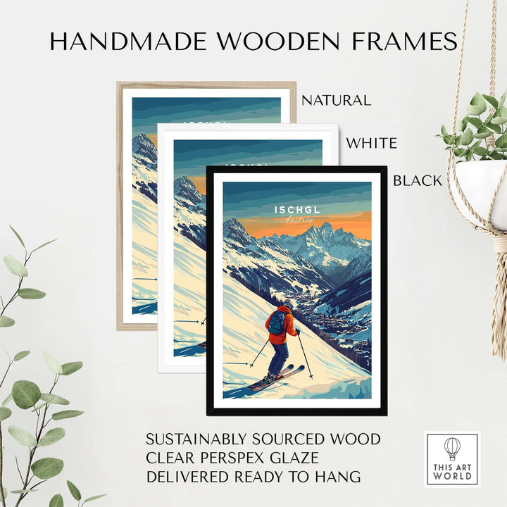 Handmade wooden frames in natural, white, and black for ski prints, sustainably sourced and ready to hang.