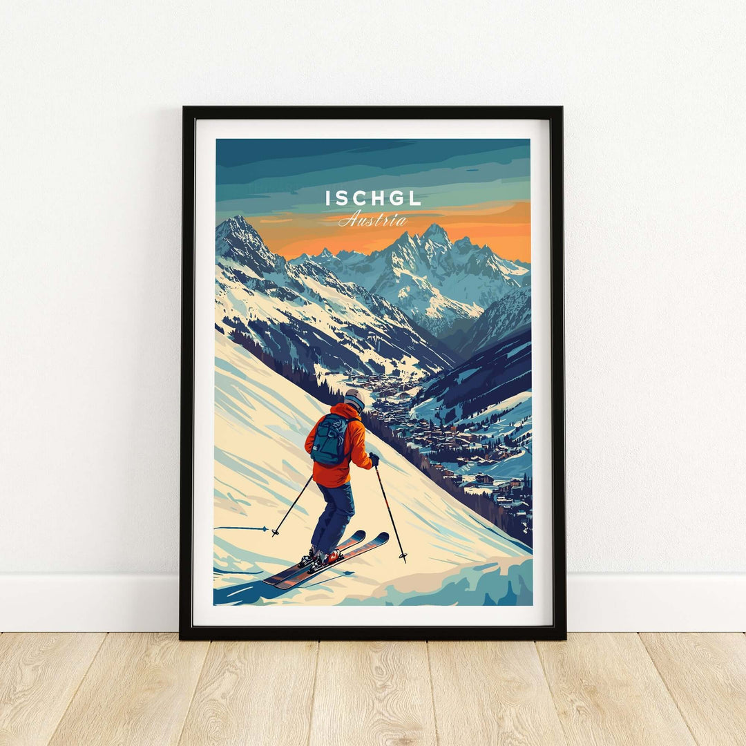 Stunning ski print of Ischgl, Austria, showcasing vibrant colors and majestic mountain scenery for home decor.