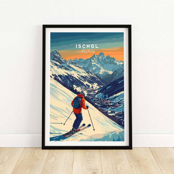 Stunning ski print of Ischgl, Austria, showcasing vibrant colors and majestic mountain scenery for home decor.