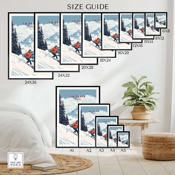 Size guide for Ski Print La Tania showing various frame sizes and designs in a cozy interior setting.