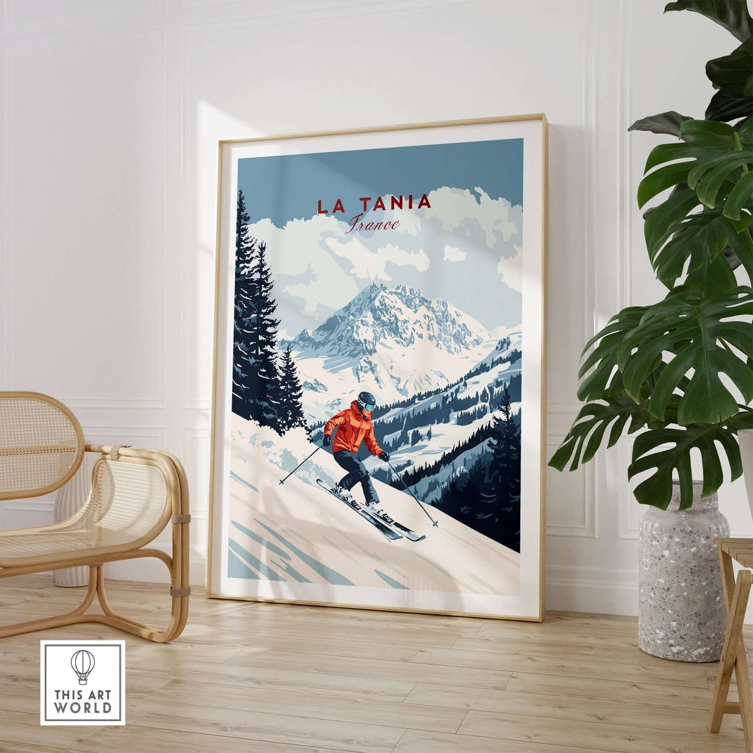 Ski print of La Tania, France showing a skier on snow-covered slopes with mountain backdrop, perfect for home decor.