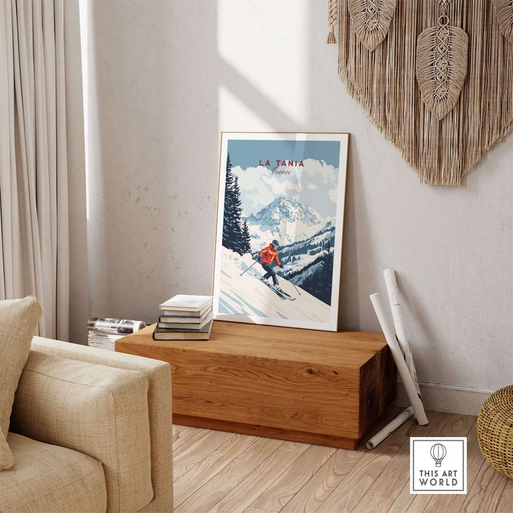 Ski print of La Tania, France, showcasing snowy slopes and mountain views, perfect for home decor.