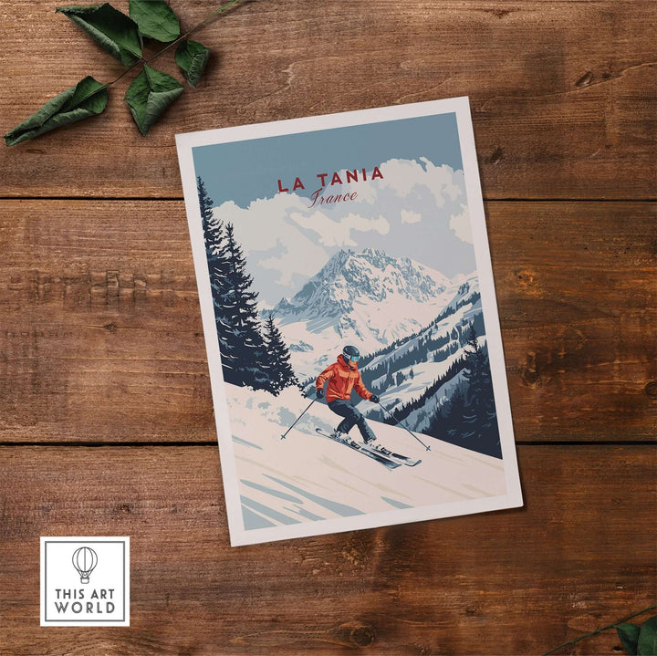 Ski print featuring a skier on snowy slopes with mountains, titled "La Tania France," capturing the beauty of winter sports.