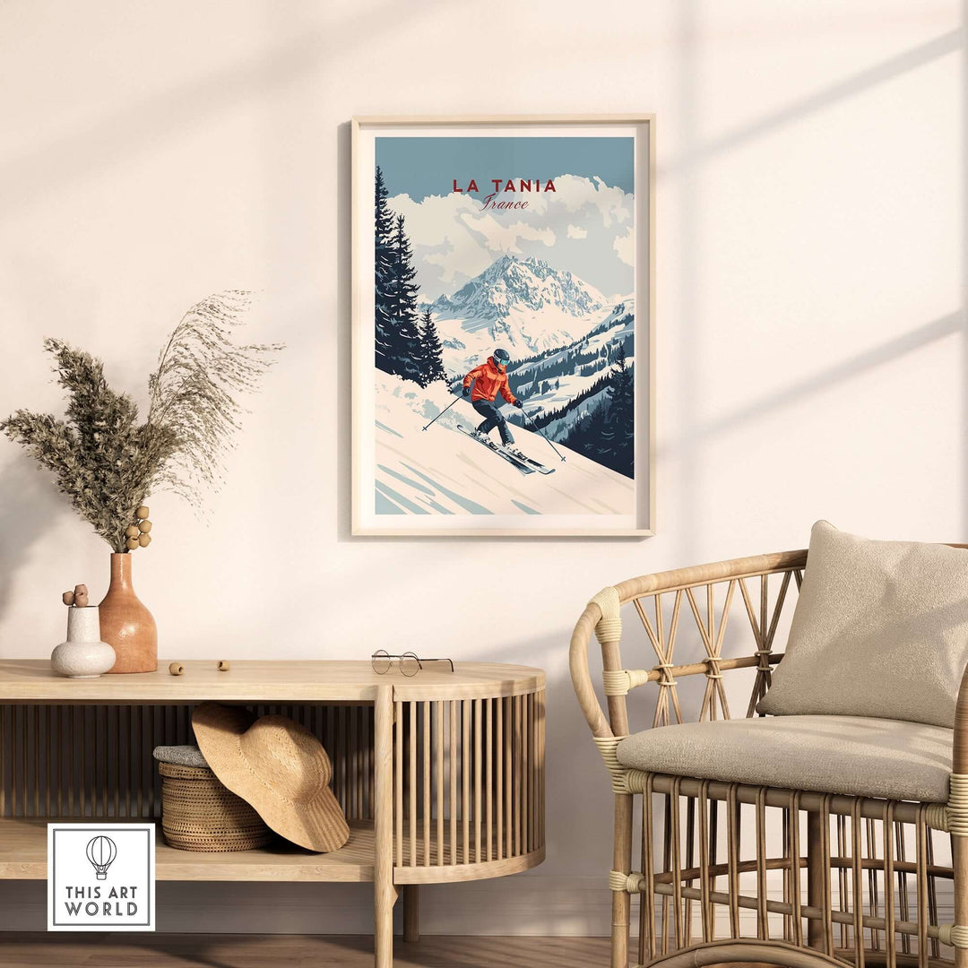 Ski print of La Tania, France, showcasing snow-covered slopes and mountains, ideal for ski enthusiasts' home decor.