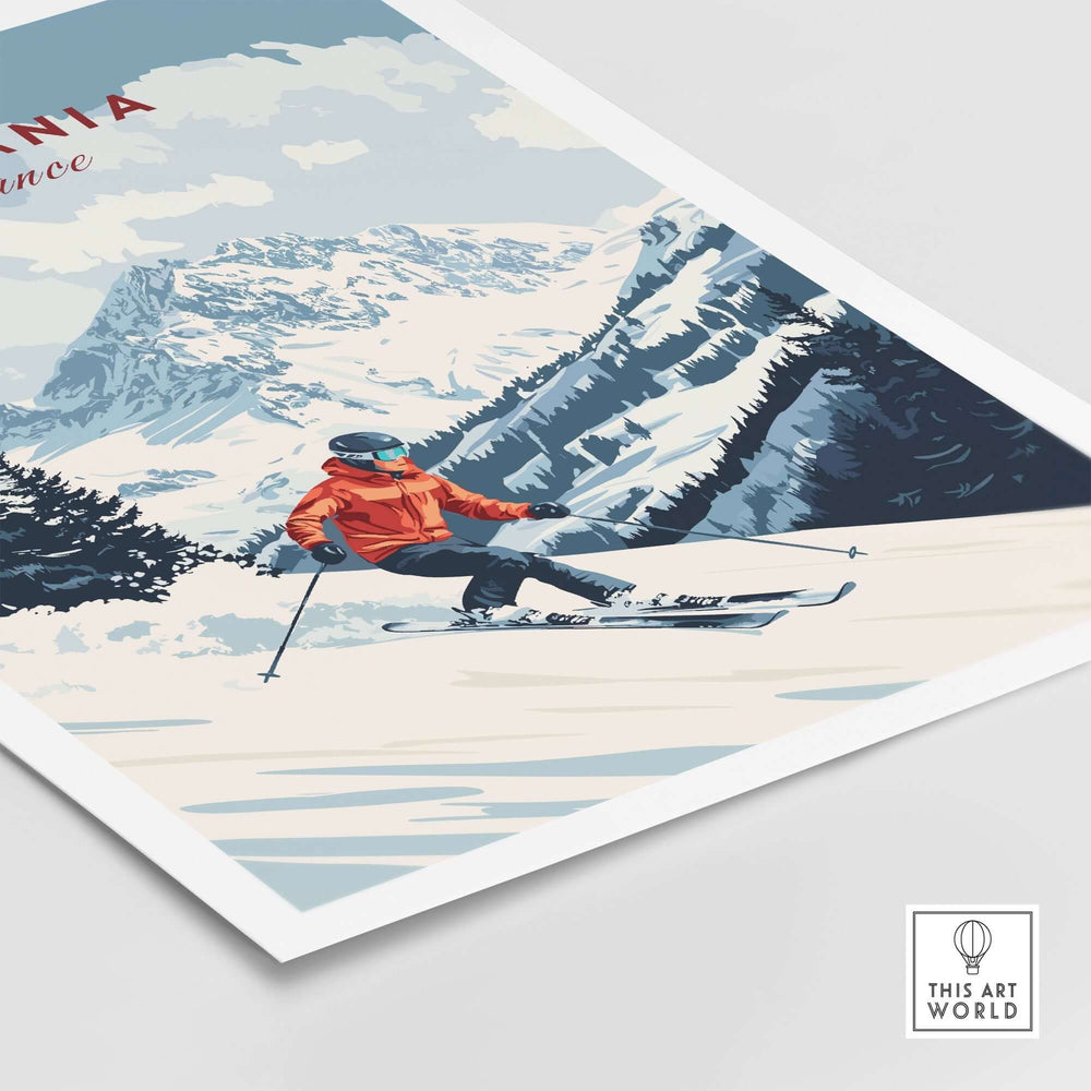 Ski print featuring a skier on snow-covered slopes in La Tania, France, with stunning mountain vistas in the background.