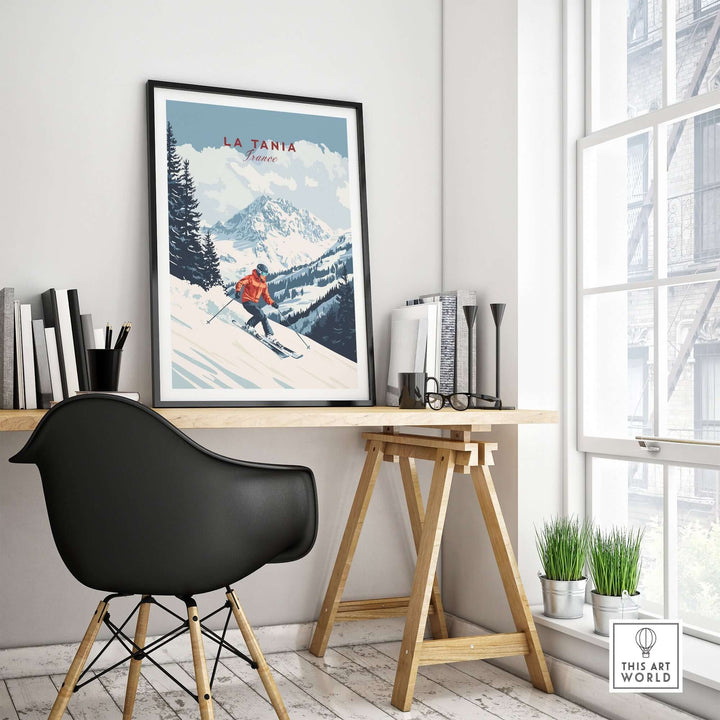 Ski print of La Tania, France featuring snow-covered slopes and breathtaking mountain vistas in a stylish interior setting.