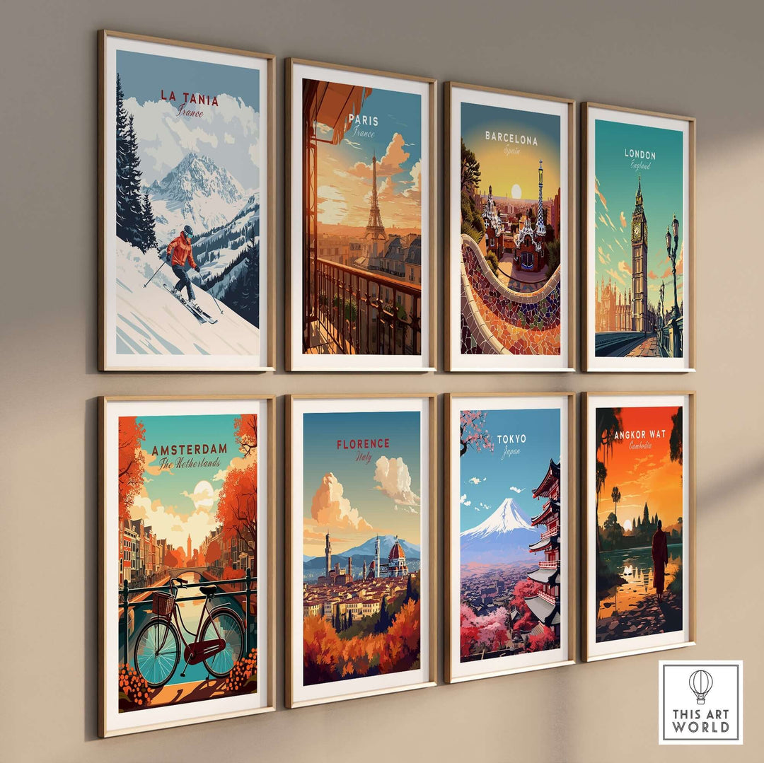 Ski print of La Tania, France, alongside vibrant travel posters of Paris, Barcelona, London, and more, showcasing iconic cityscapes.