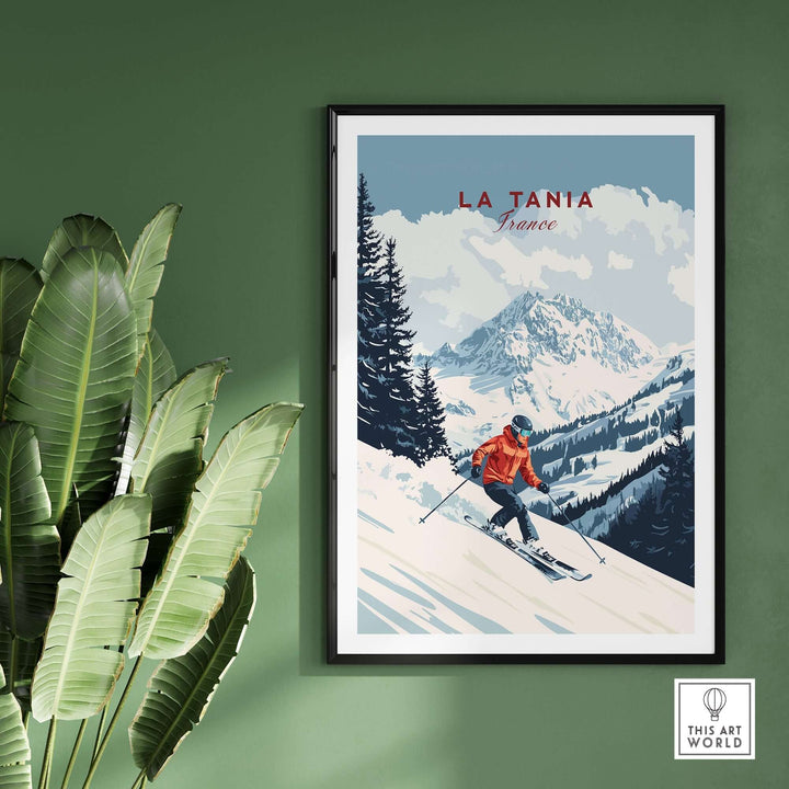 Ski print of La Tania, France, featuring a skier downhill with snowy mountains and vibrant green foliage in the background.