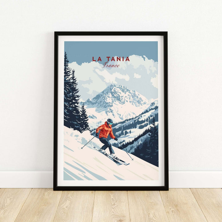 Ski print of La Tania, France featuring a skier on snow-covered slopes with mountains in the background.