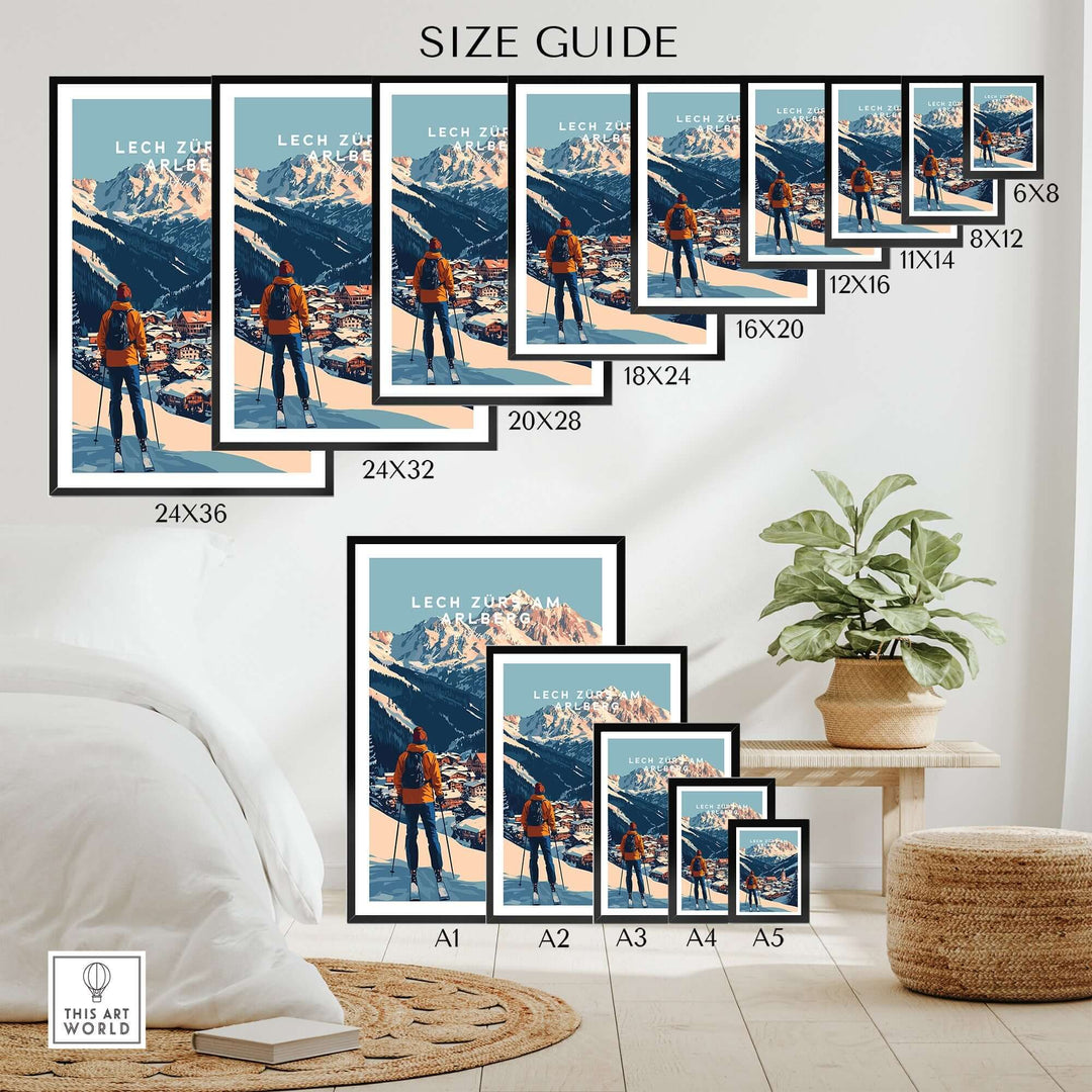 Size guide for Ski Print of Lech Zürs am Arlberg, Austria, showcasing various frame sizes and home decor setting.