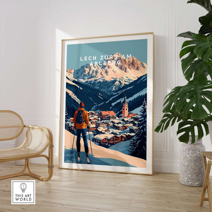 Ski print of Lech Zürs am Arlberg, Austria, showcasing stunning alpine scenery and vibrant mountain village life.