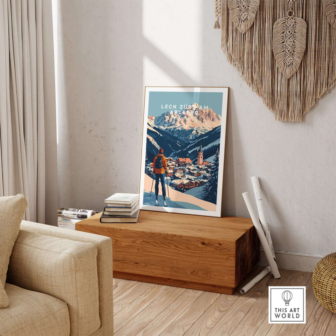 Ski print of Lech Zürs am Arlberg, Austria, displayed in a stylish home setting, inspiring adventure and skiing spirit.