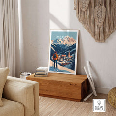Ski print of Lech Zürs am Arlberg, Austria, displayed in a stylish home setting, inspiring adventure and skiing spirit.
