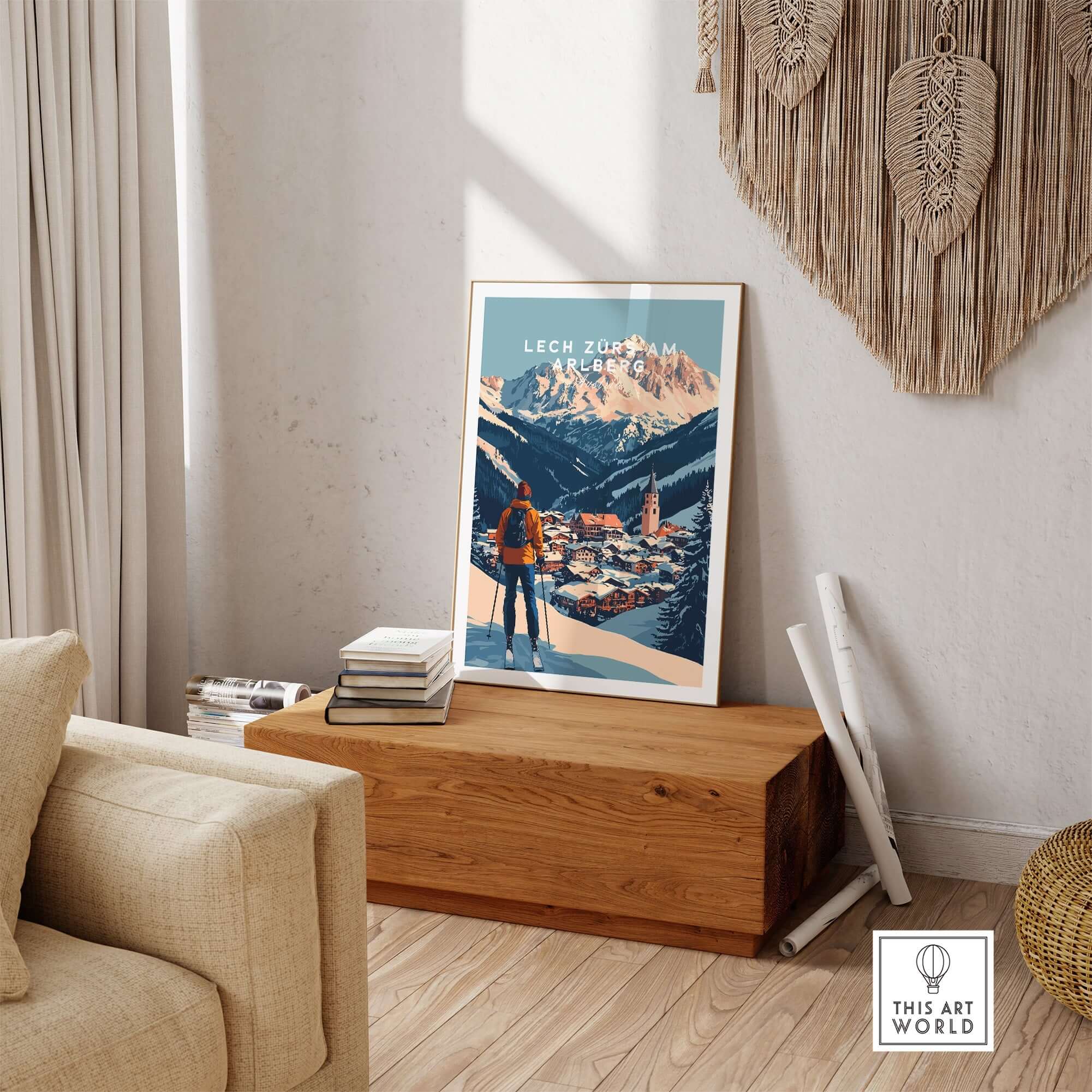 Ski print of Lech Zürs am Arlberg, Austria, displayed in a stylish home setting, inspiring adventure and skiing spirit.