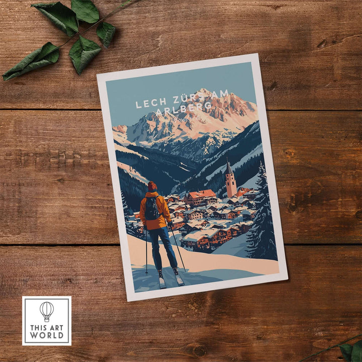 Vintage ski print of Lech Zürs am Arlberg, Austria showcasing stunning mountains and charming village scenery.