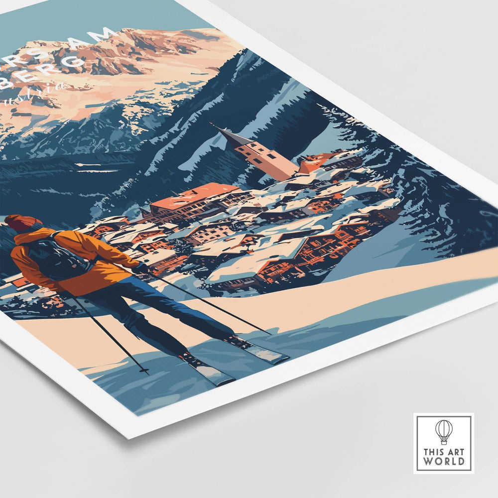 Ski print of Lech Zürs am Arlberg, Austria, showcasing stunning mountain scenery and a skier enjoying the view.