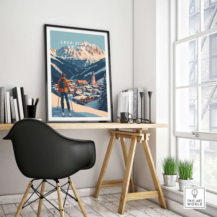 Ski print of Lech Zürs am Arlberg, Austria, displayed in a modern workspace with cozy decor.