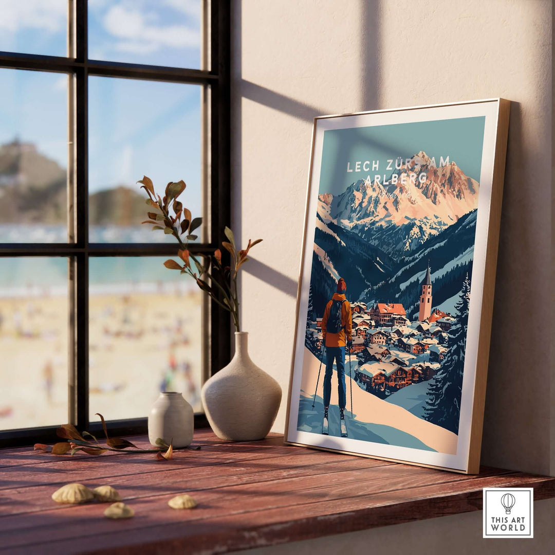 Ski print of Lech Zürs am Arlberg, Austria, framed by a bright window, showcasing stunning mountain scenery.