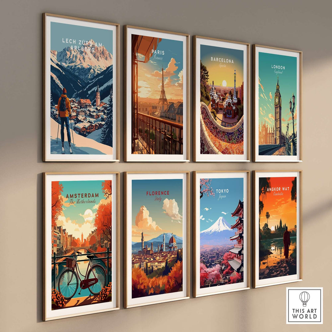 Collage of travel art prints featuring Lech Zürs, Paris, Barcelona, London, Amsterdam, Florence, Tokyo, and Angkor Wat.