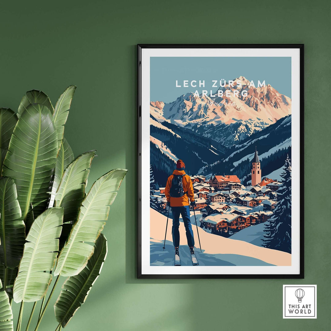 Ski print of Lech Zürs am Arlberg, Austria, showcasing snowy mountains and a skier against a charming alpine village backdrop.