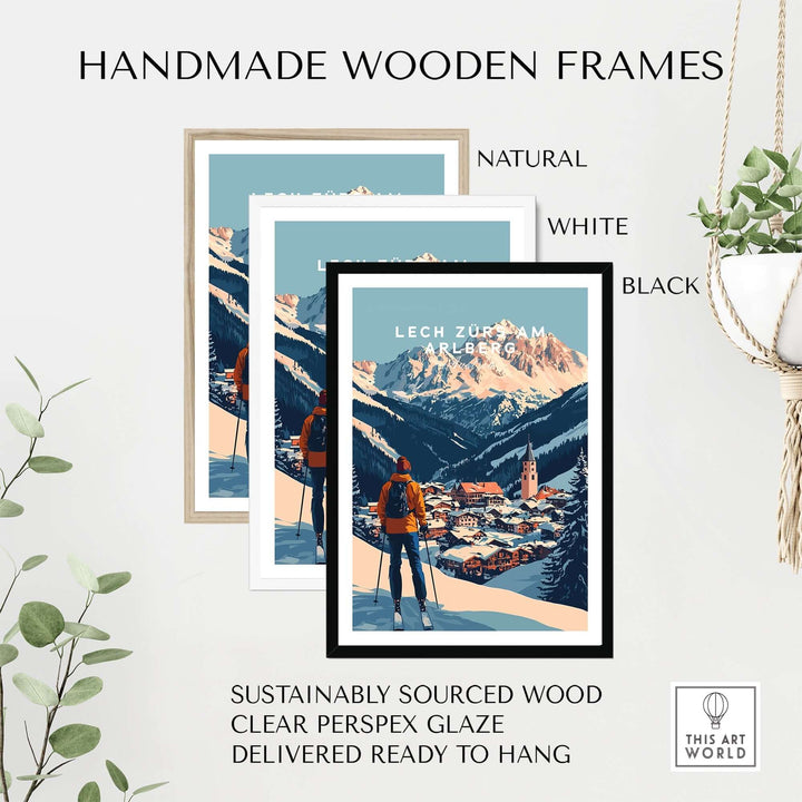 Handmade wooden frames in natural, white, and black showcasing the Ski Print of Lech Zürs am Arlberg, Austria.