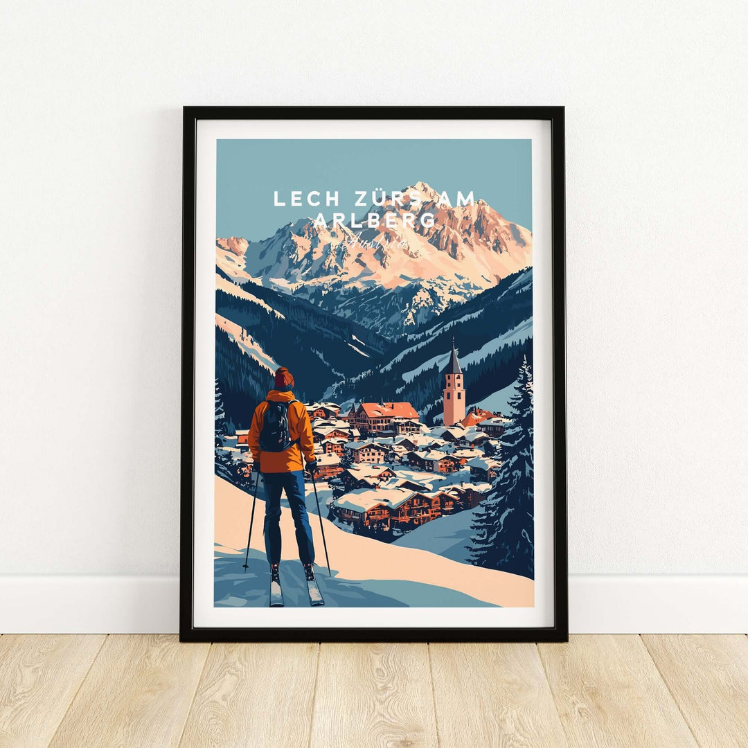 Ski print of Lech Zürs am Arlberg, Austria, showcasing a skier overlooking scenic mountains and village. Perfect for ski enthusiasts.