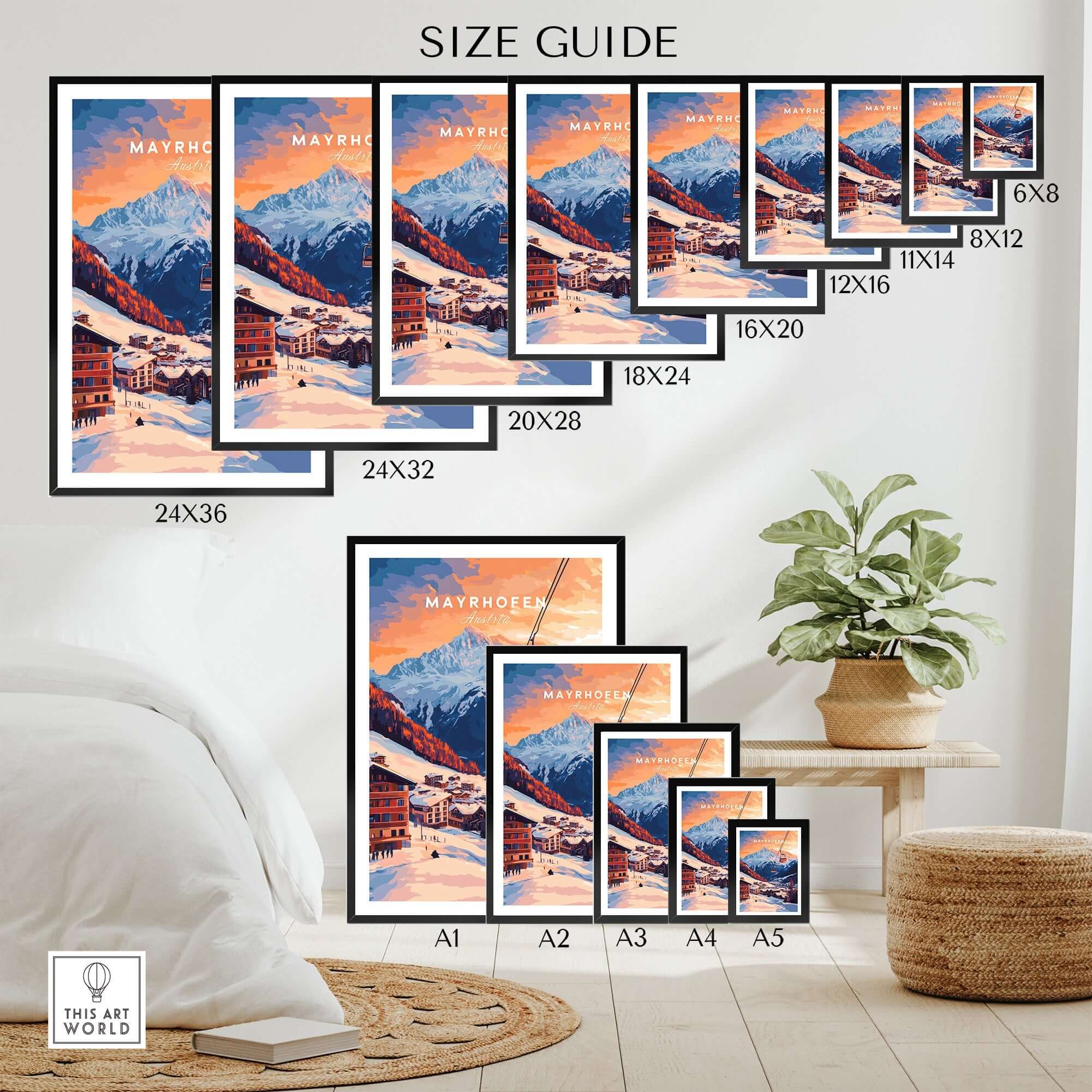 Size guide for Ski Print Mayrhofen Austria showcasing various frame sizes and dimensions for art display.