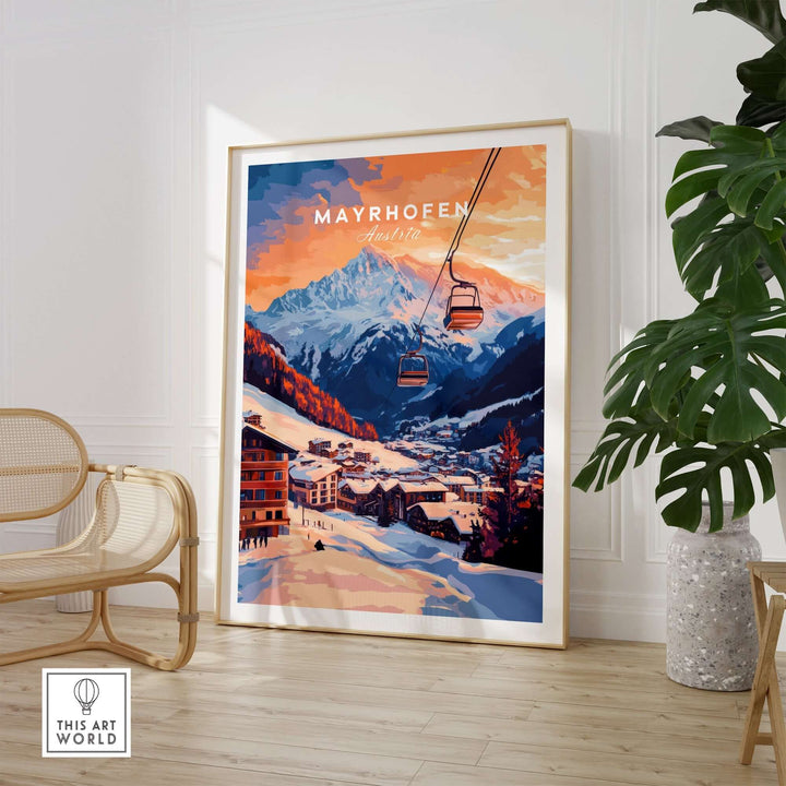 Ski print of Mayrhofen, Austria showcasing stunning sunset over mountains and ski lifts in a cozy interior setting.