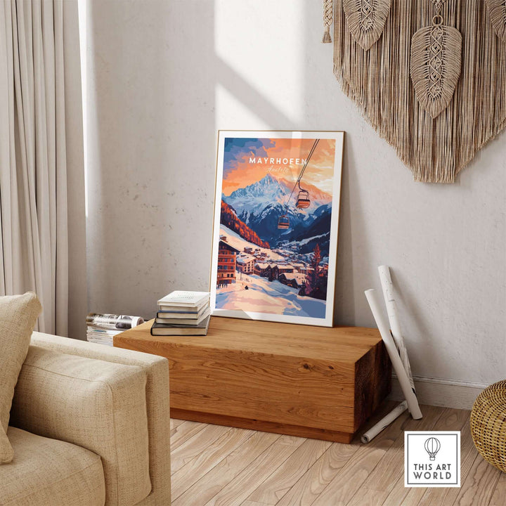 Ski print of Mayrhofen, Austria, showcasing stunning mountains and a gondola in a cozy living space. Perfect for ski lovers.