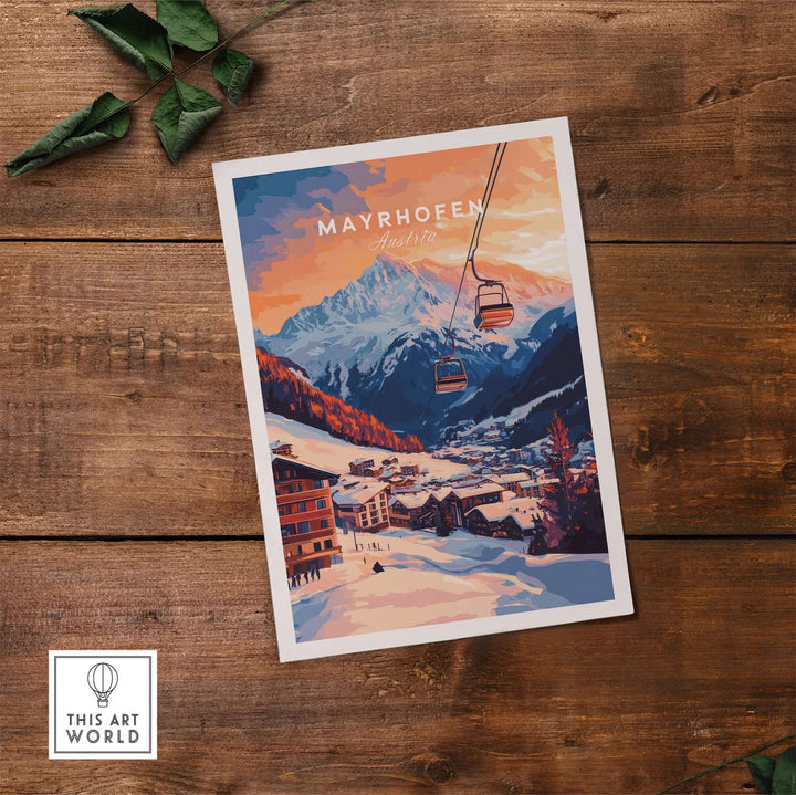 Vintage ski print featuring Mayrhofen, Austria, showcasing mountain scenery and ski lifts at sunset. Perfect for ski enthusiasts.