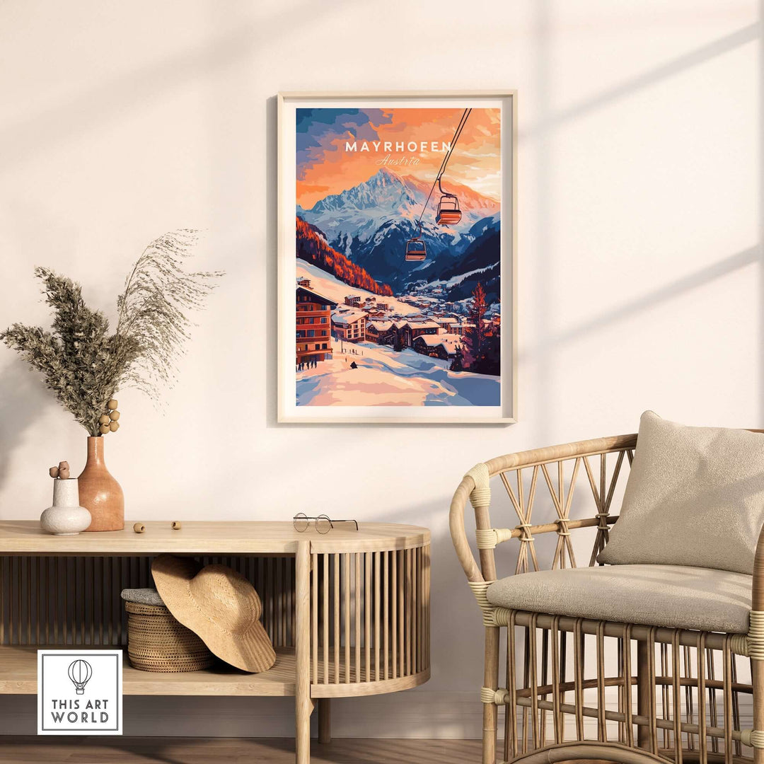 Ski print of Mayrhofen, Austria, featuring a sunset and ski lift in a cozy interior setting. Perfect for skiing enthusiasts.