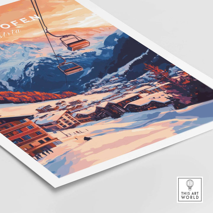 Ski print of Mayrhofen, Austria, featuring a sunset backdrop and scenic chairlifts over snow-covered mountains.