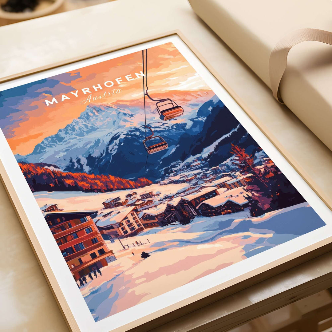 Ski print of Mayrhofen, Austria, showcasing a sunset over snow-covered mountains and ski lift in a charming alpine village.