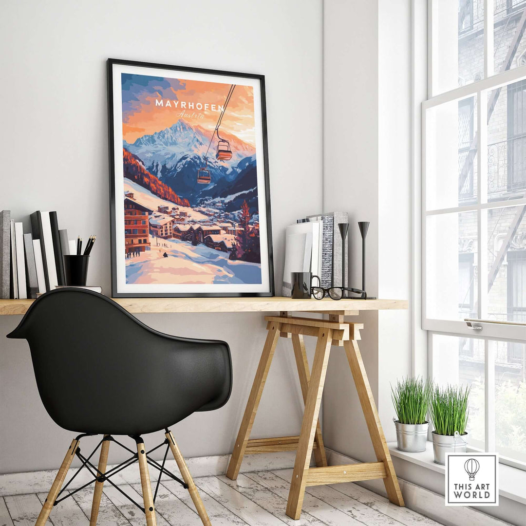 Ski print of Mayrhofen, Austria featuring stunning mountain scenery and a ski lift, perfect for adventure lovers.