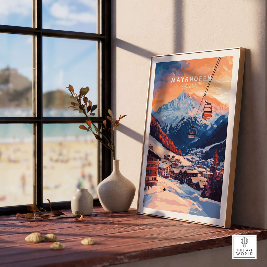 Ski print of Mayrhofen, Austria, showcasing mountains and a cable car, perfect for ski enthusiasts and nature lovers.