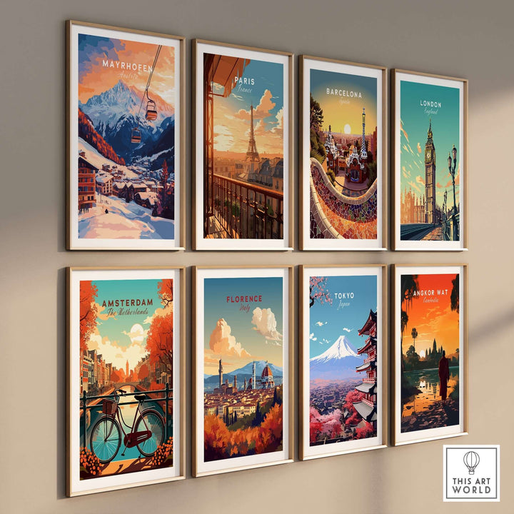 Vintage travel prints featuring iconic cities like Mayrhofen, Paris, and Tokyo, showcasing vibrant landscapes and landmarks.