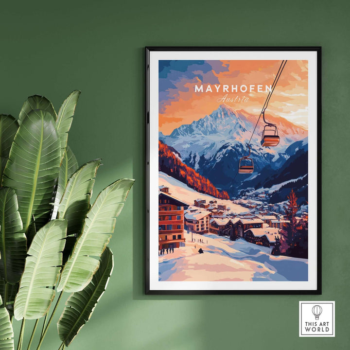 Ski print of Mayrhofen, Austria with mountains and ski lifts, capturing a stunning sunset landscape. Perfect for skiing enthusiasts.