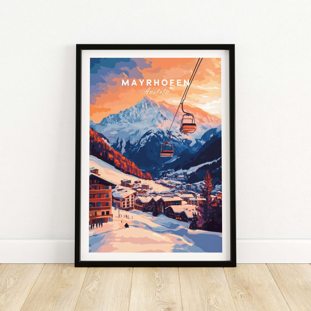 Ski print of Mayrhofen, Austria showcasing sunset and mountain scenery, perfect for skiing enthusiasts and nature lovers.