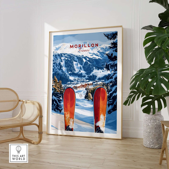 Vibrant Ski Print of Morillon, France showcasing Alaskan landscape with snow-filled mountains and skis in the foreground.