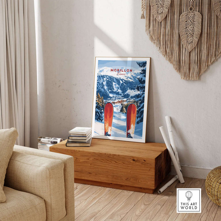 Ski print of Morillon, France showcasing stunning French Alps landscape and vintage skis in a cozy living room setting.