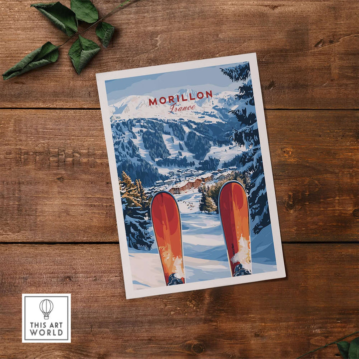 Ski print of Morillon, France showcasing breathtaking snowy mountains and vibrant skis on a wooden table.