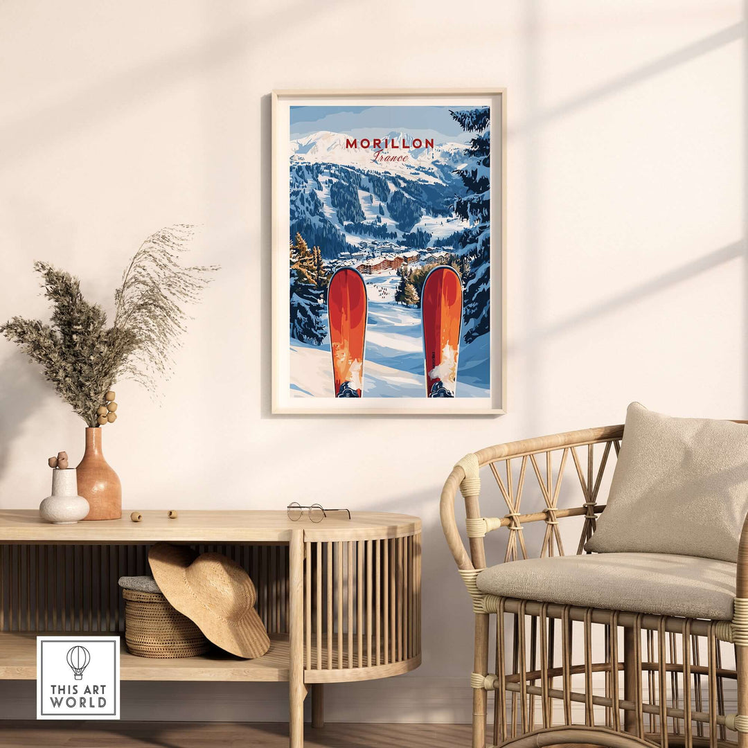 Ski print of Morillon, France, showcasing stunning alpine scenery and vibrant red skis in a cozy living space.