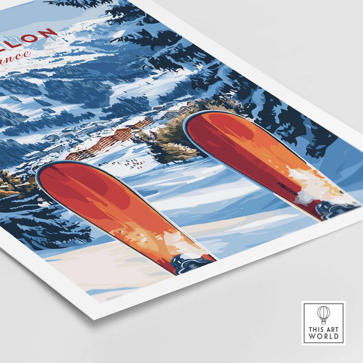 Ski Print of Morillon, France featuring orange skis against a snowy Alpine backdrop, capturing adventure and beauty.