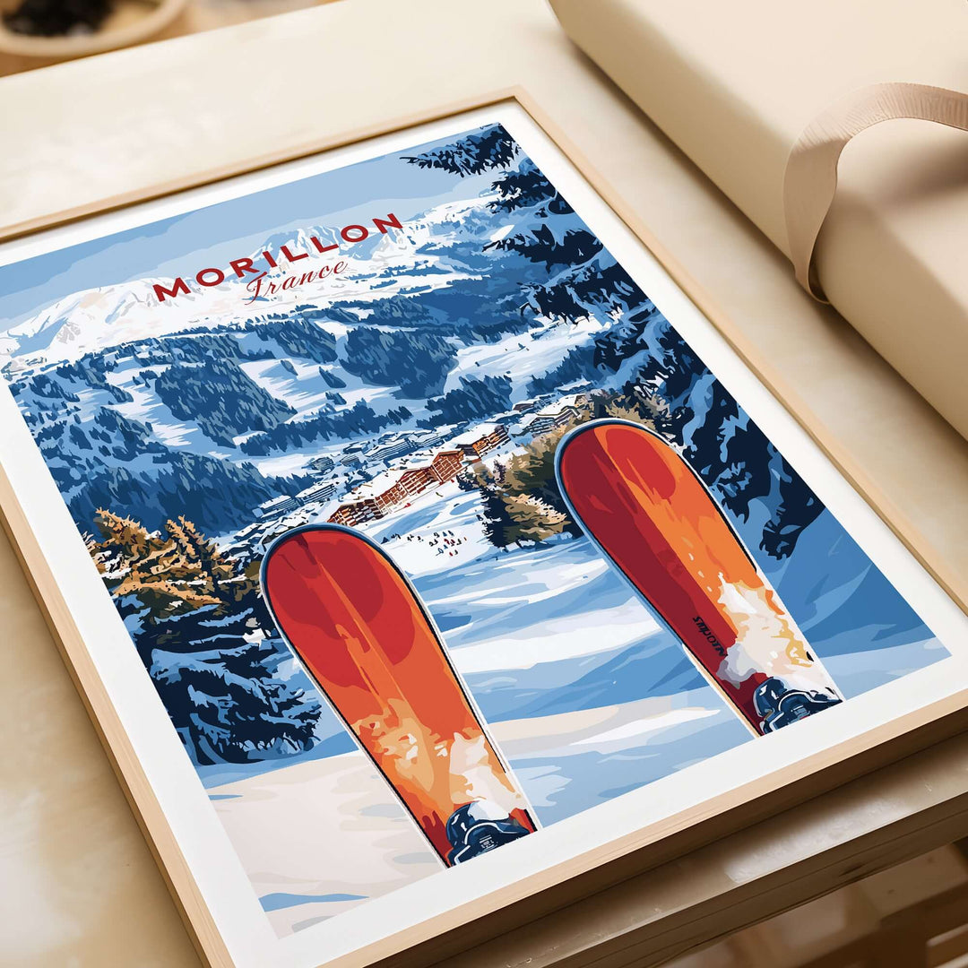 Ski Print of Morillon, France featuring a snowy landscape and vibrant ski equipment in a framed design.