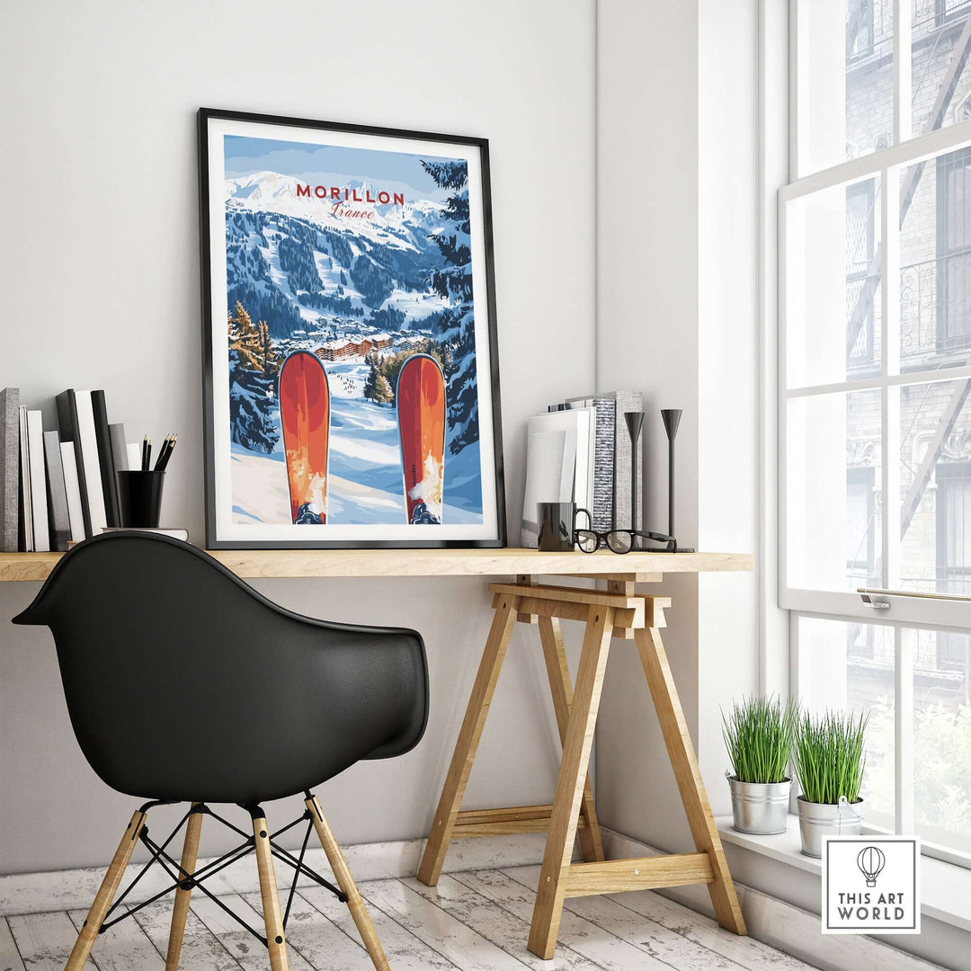 Ski print of Morillon, France showcasing stunning Alps landscape, perfect for ski enthusiasts and decor lovers.