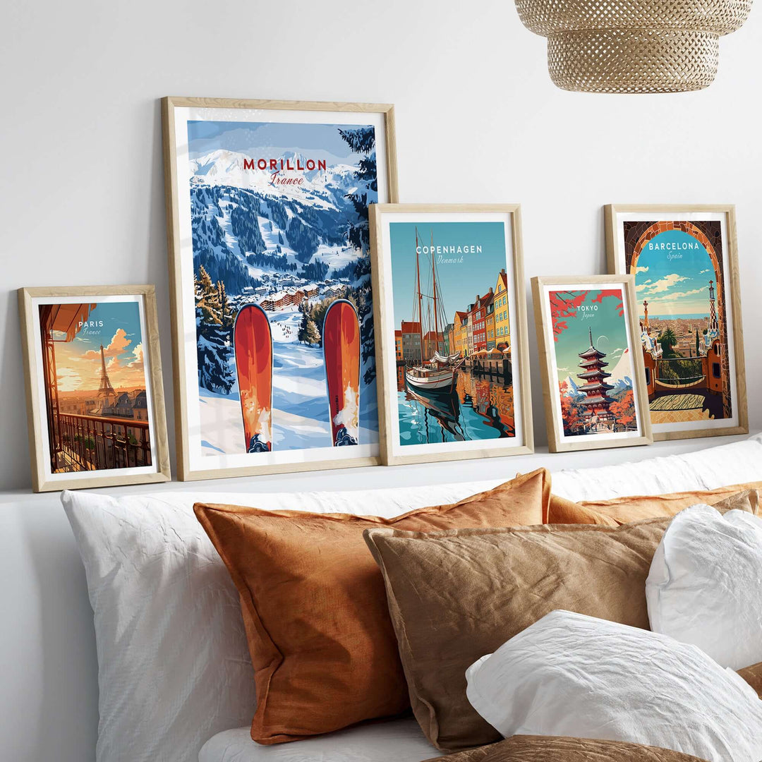 Framed prints of Morillon, France, and other cities, showcasing vibrant landscapes and ski culture for home decor.